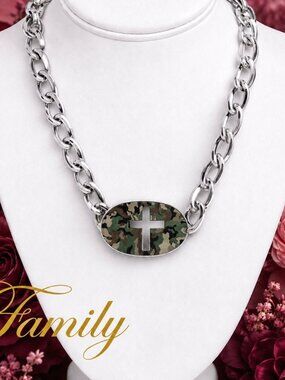 Camo Cross Pendant Stainless Chain Necklace - Green Camo